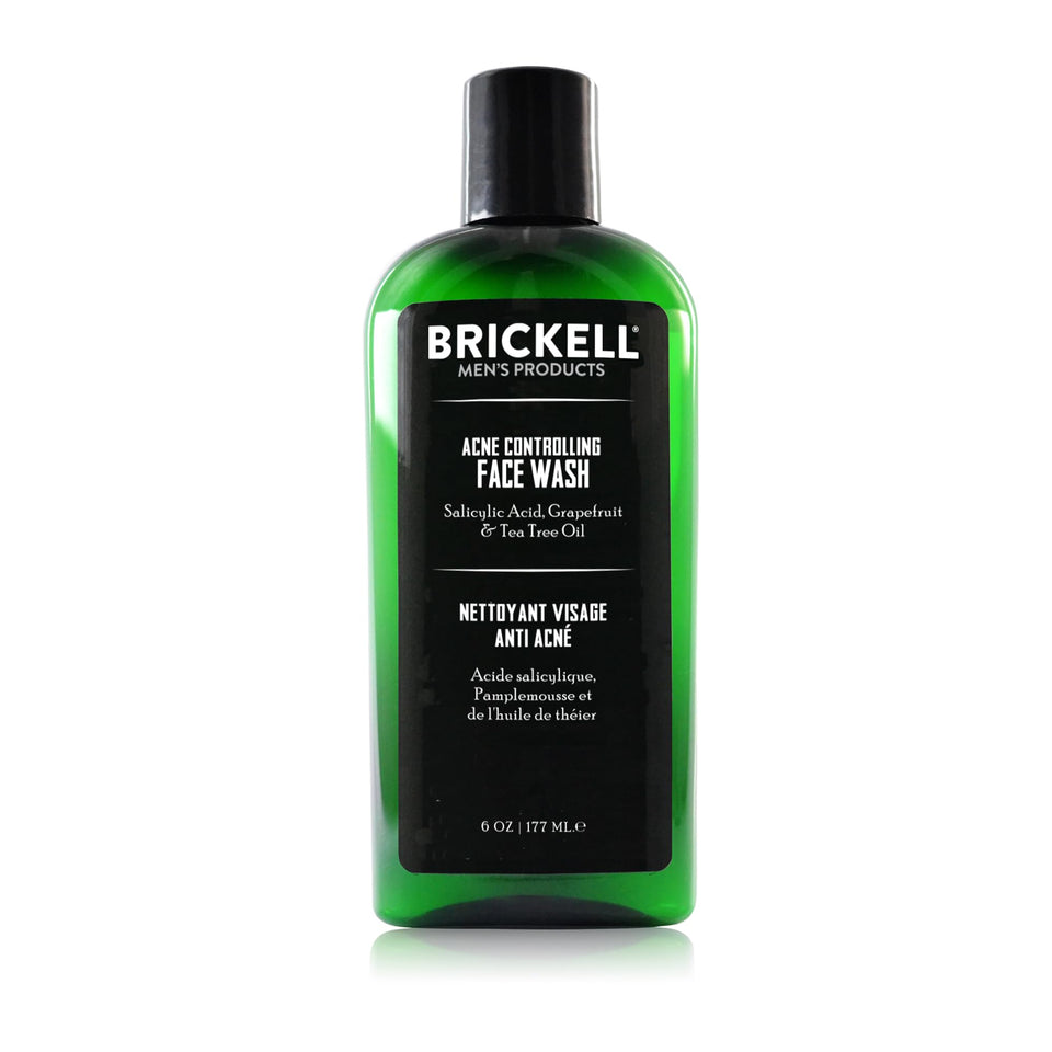 Brickell Men's Products acne face wash front bottle showing label and benefits