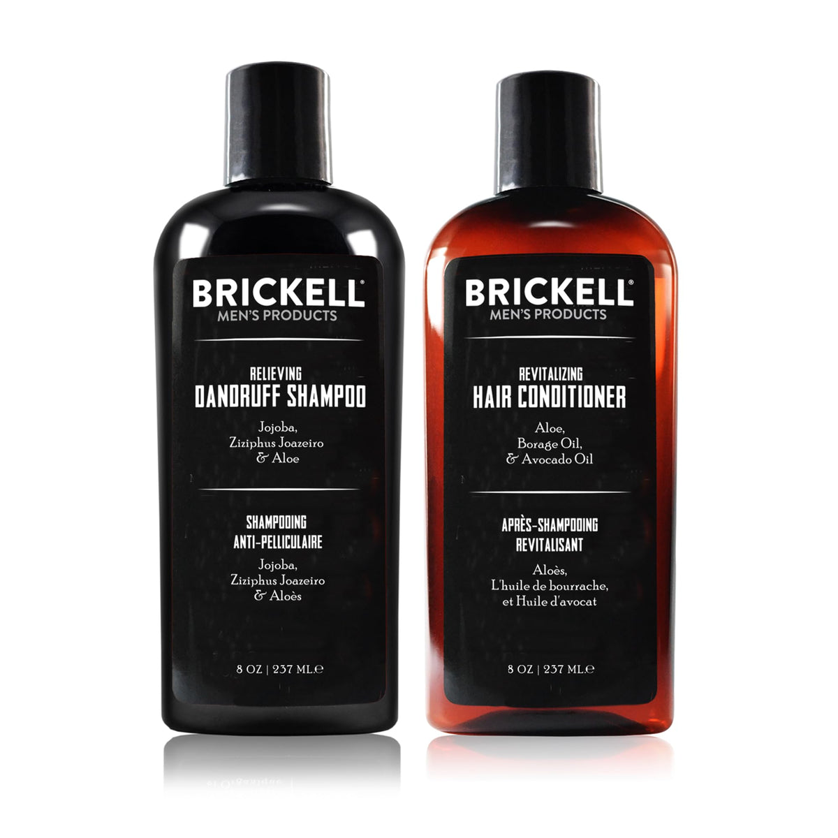 Brickell men's shampoo and conditioner front packaging showing complete dandruff set and benefits