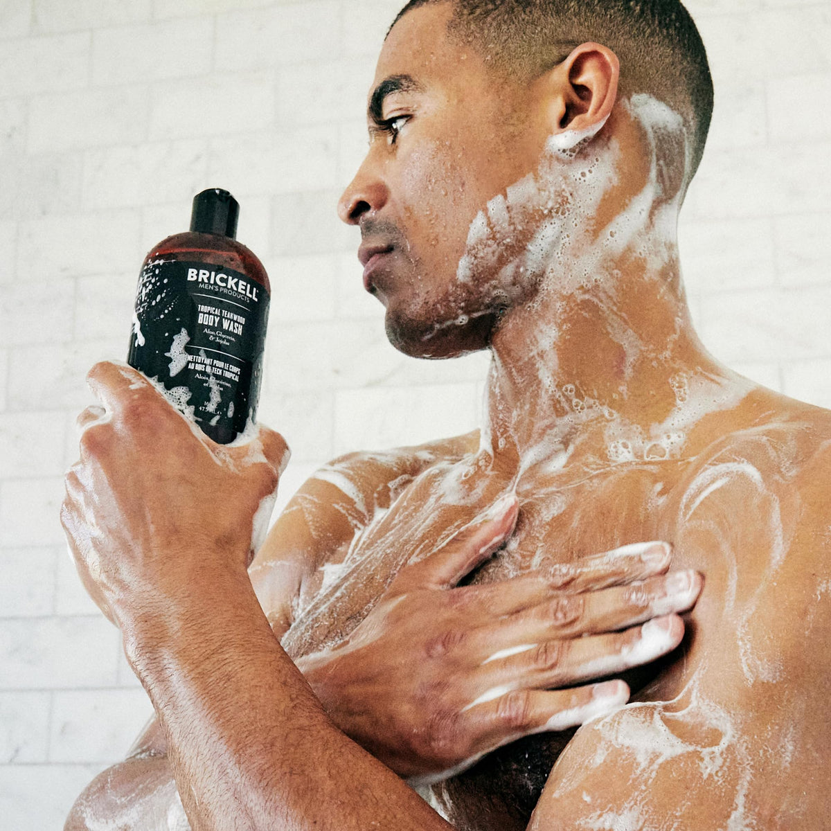 Brickell lather texture closeup showing rich foam and effective cleansing