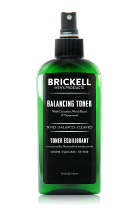 Brickell front bottle of balancing toner shows label and 8 oz size, clear and premium