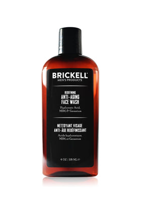 Brickell front packaging showing 4oz bottle and clear branding benefit: premium daily anti-aging cleanser