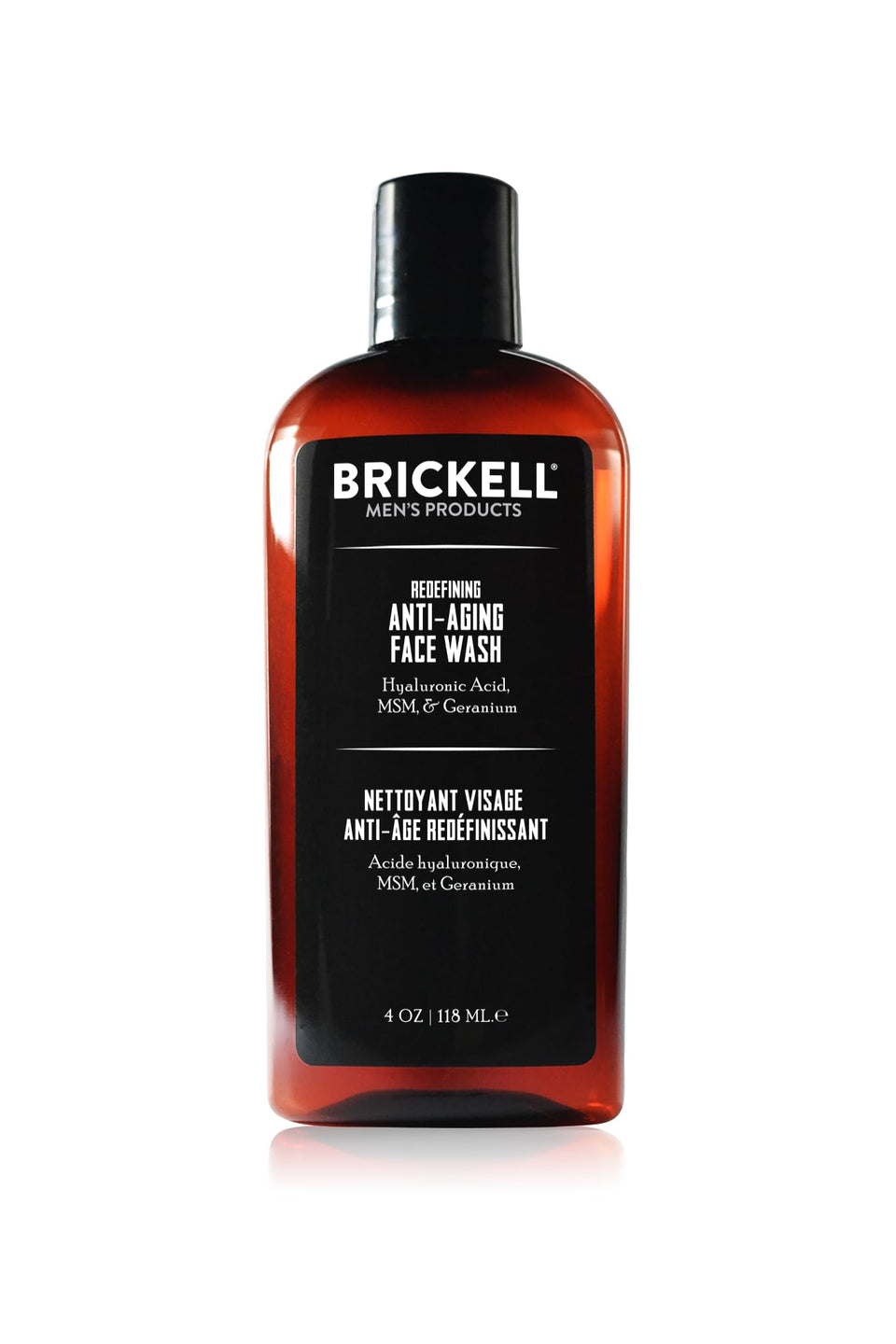 Brickell front packaging showing 4oz bottle and clear branding benefit: premium daily anti-aging cleanser