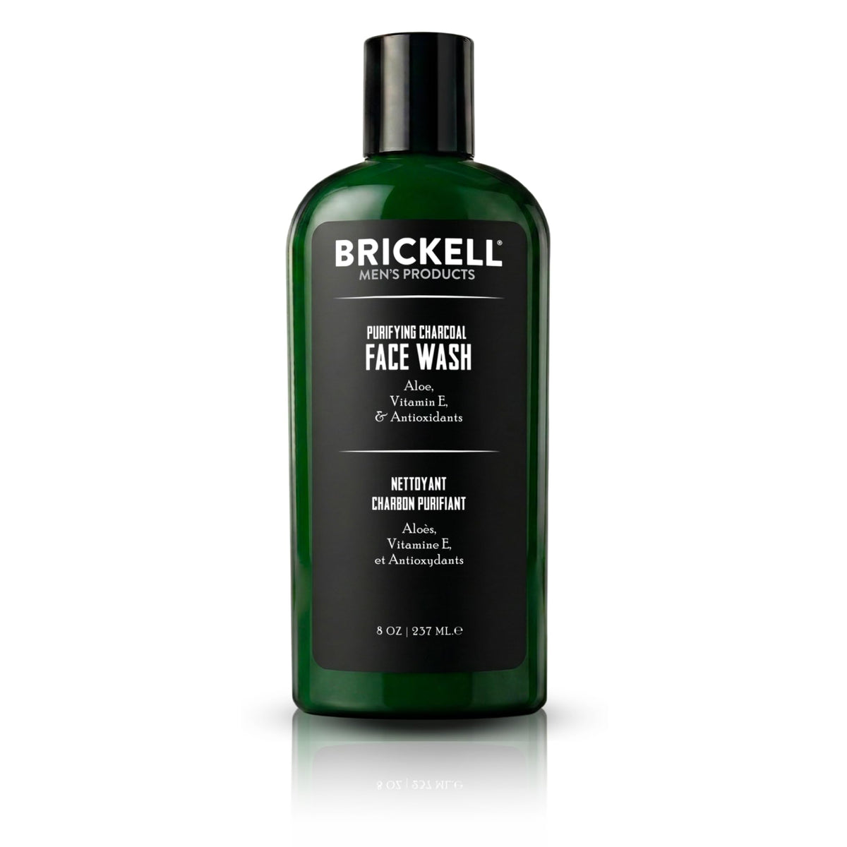 Brickell front packaging showing charcoal face wash and easy identification benefit