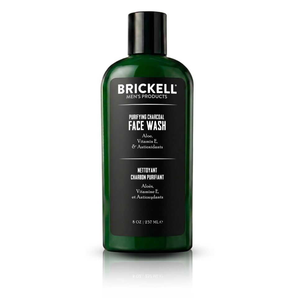 Brickell front packaging showing charcoal face wash and easy identification benefit