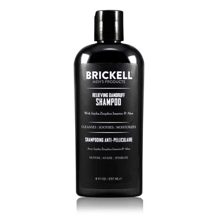 Brickell Men’s Products front packaging showing clean dandruff shampoo for confidence