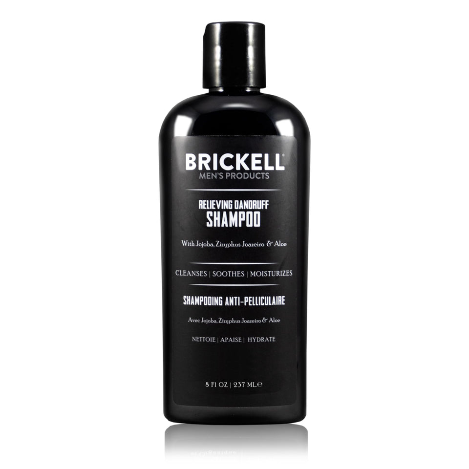 Brickell Men’s Products front packaging showing clean dandruff shampoo for confidence