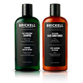 Brickell front packaging of shampoo and conditioner showing kit benefit of daily revitalizing