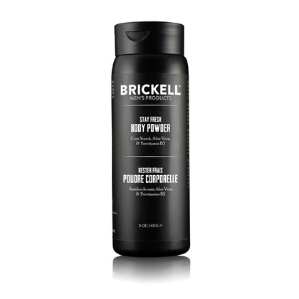 Brickell men's stay fresh powder front packaging showing label and size benefit