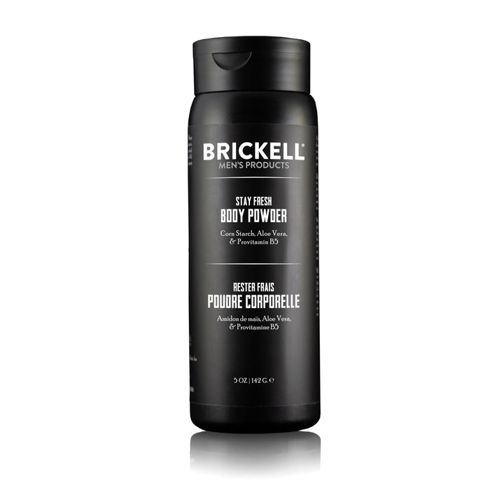 Brickell men's stay fresh powder front packaging showing label and size benefit