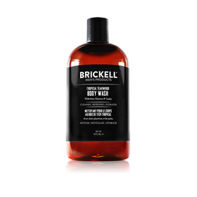 Brickell front packaging showing Tropical Teakwood bottle and clear label benefit
