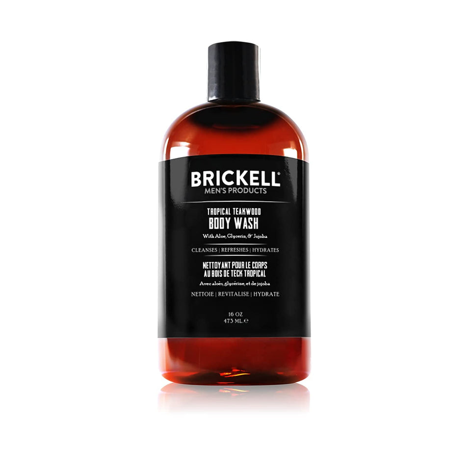 Brickell front packaging showing Tropical Teakwood bottle and clear label benefit