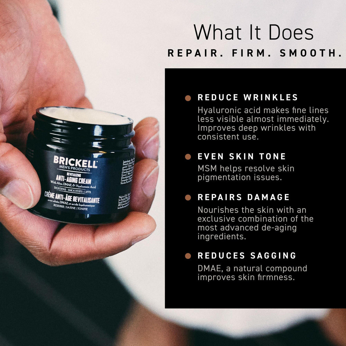 Brickell Men's Products label closeup showing ingredient list and transparency benefit