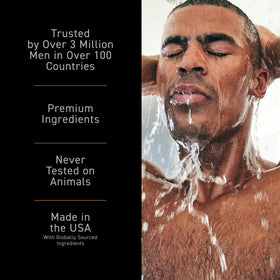 Brickell lifestyle bathroom shelf with set showing premium grooming presentation benefit