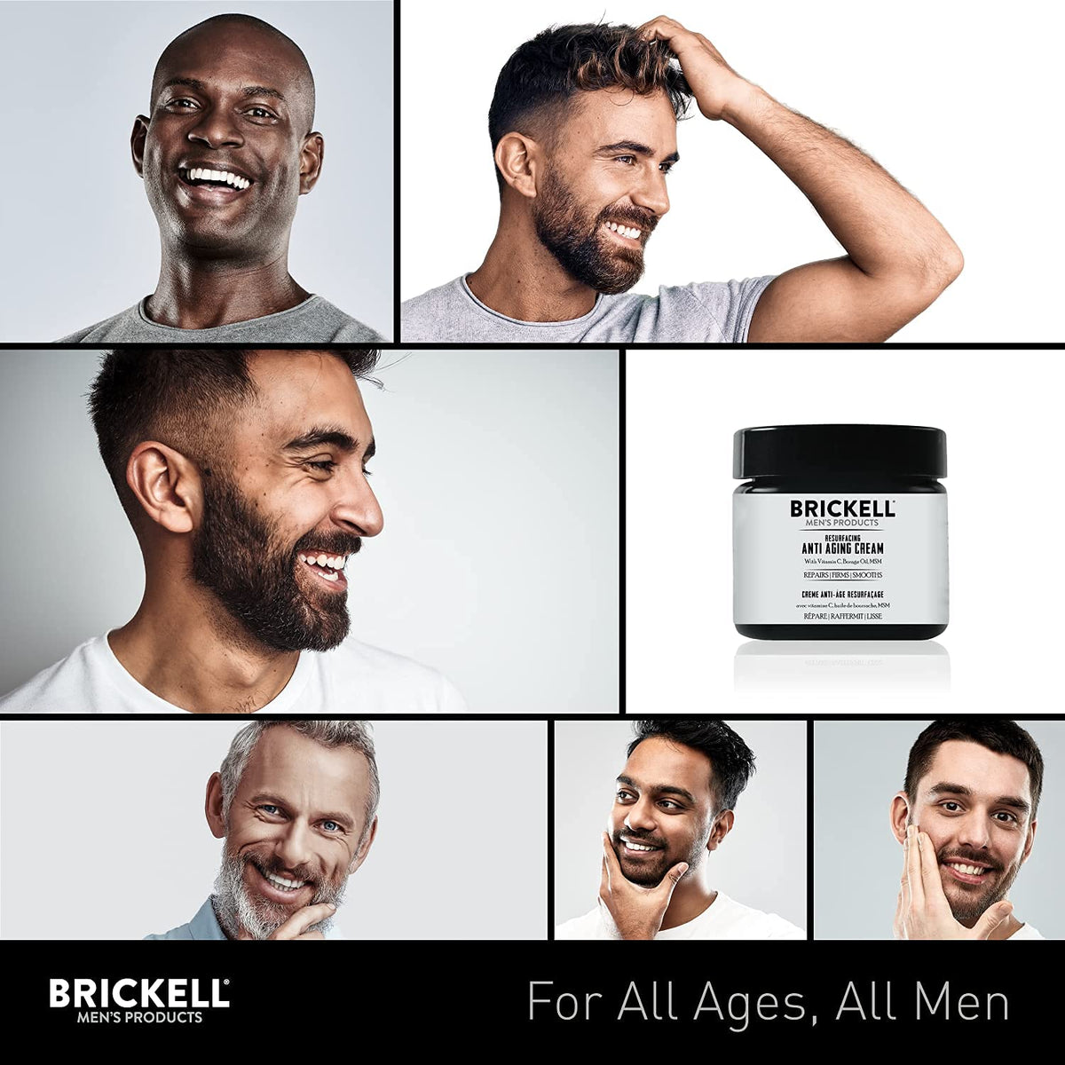 Brickell Men's Products on bathroom shelf with grooming items, daily routine friendly