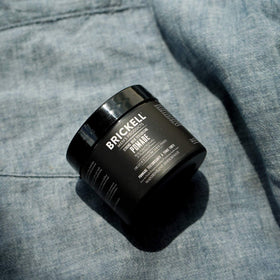 Brickell Men’s Products open jar texture shot showing creamy fiber pomade ready to apply