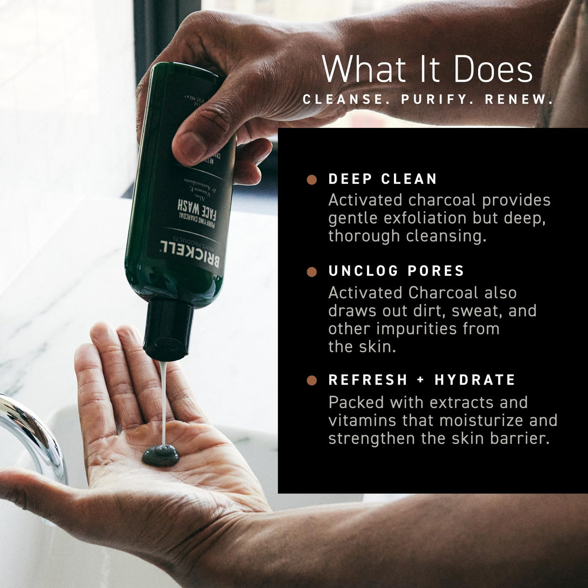 Brickell dispensed wash on hand demonstrating lather and controlled use benefit