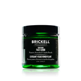 Brickell renewing face scrub front view showing travel packaging and benefits