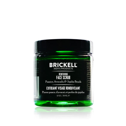 Brickell renewing face scrub front view showing travel packaging and benefits