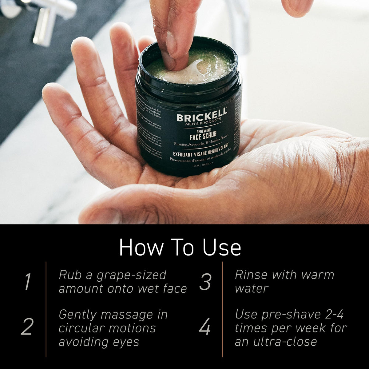 Brickell Renewing Face Scrub with aloe and avocado butter ingredients visible