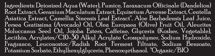 Brickell product label ingredients list showing natural botanicals and exfoliants