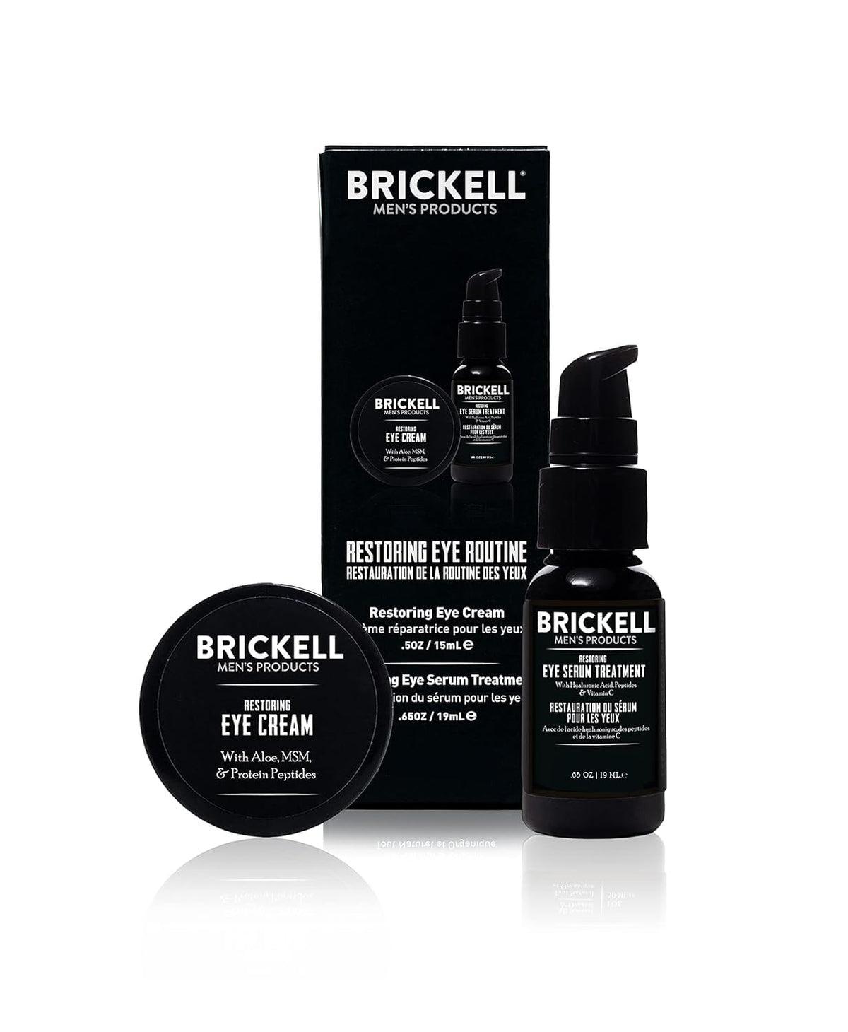 Brickell Men's Products front packaging showing both eye serum and cream benefits