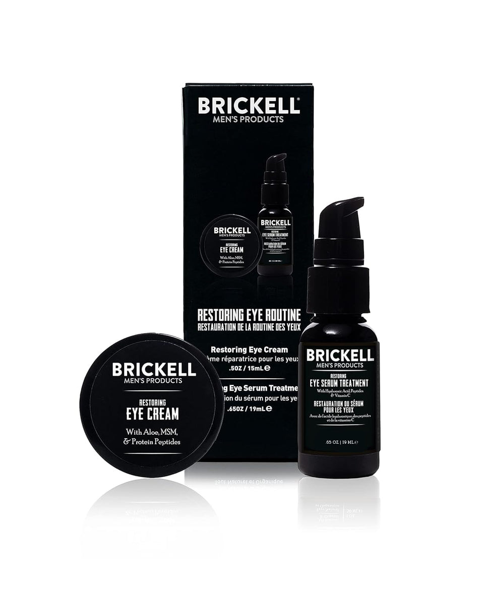 Brickell Men's Products front packaging showing both eye serum and cream benefits