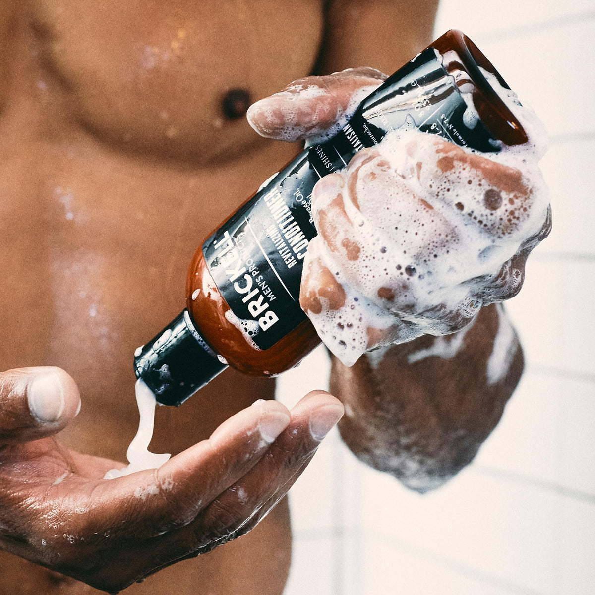 Brickell dandruff set on bathroom shelf in use for daily grooming and scalp comfort