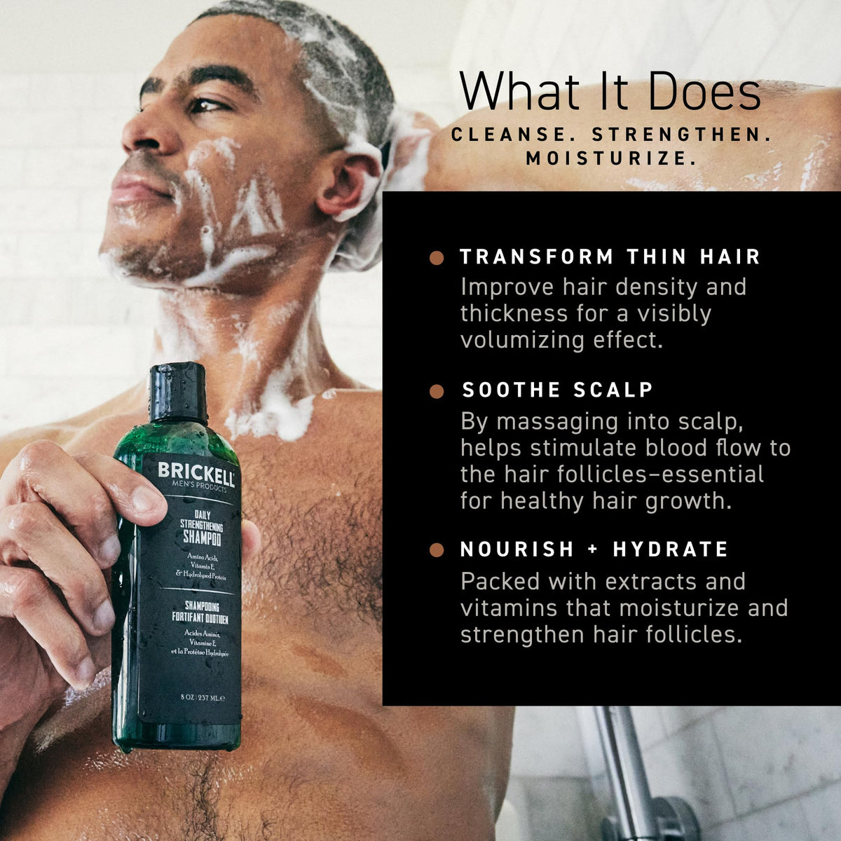 Brickell set being used in the shower on wet hair illustrating scalp-refreshing benefit