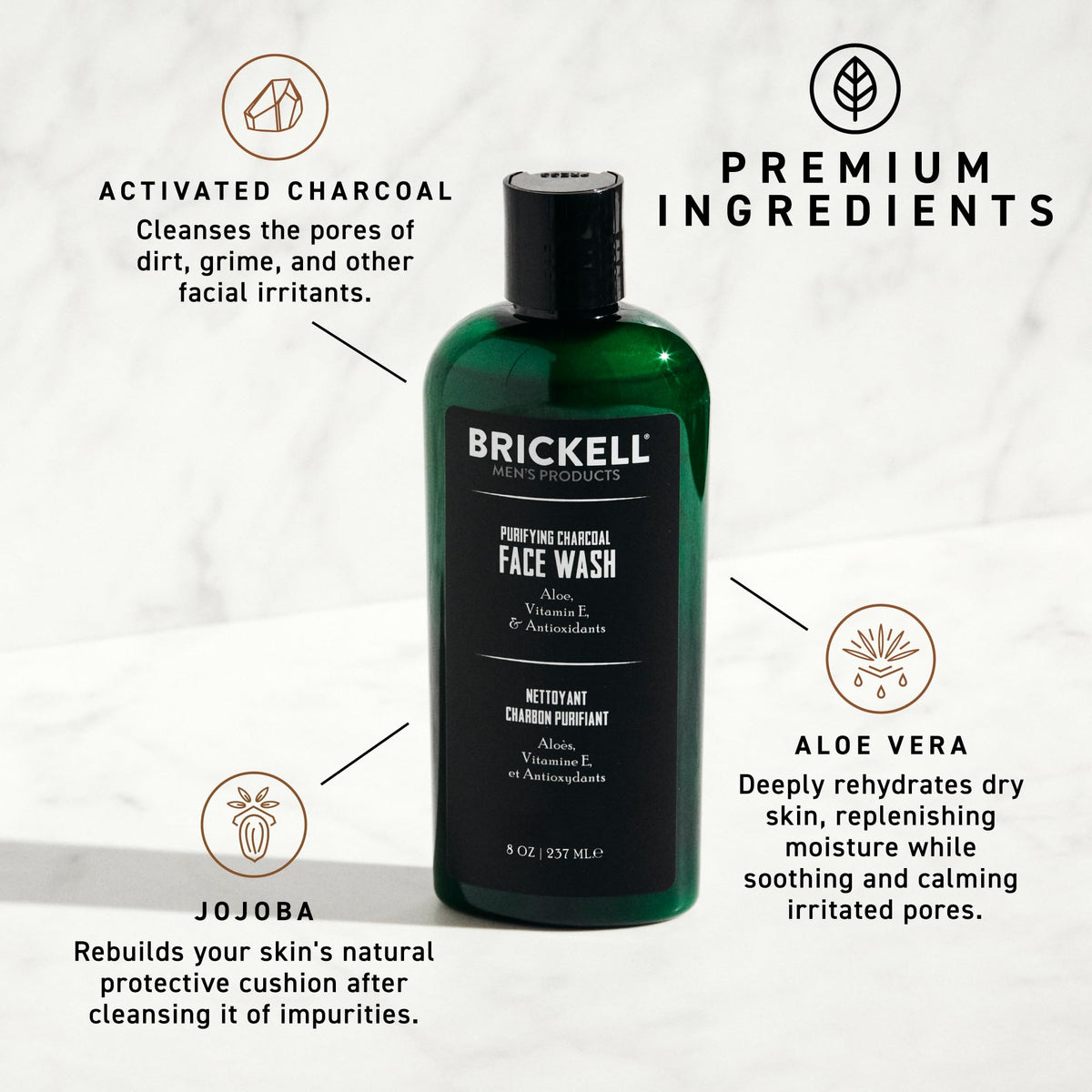 Brickell close-up of creamy charcoal foam illustrating gentle deep-cleaning action