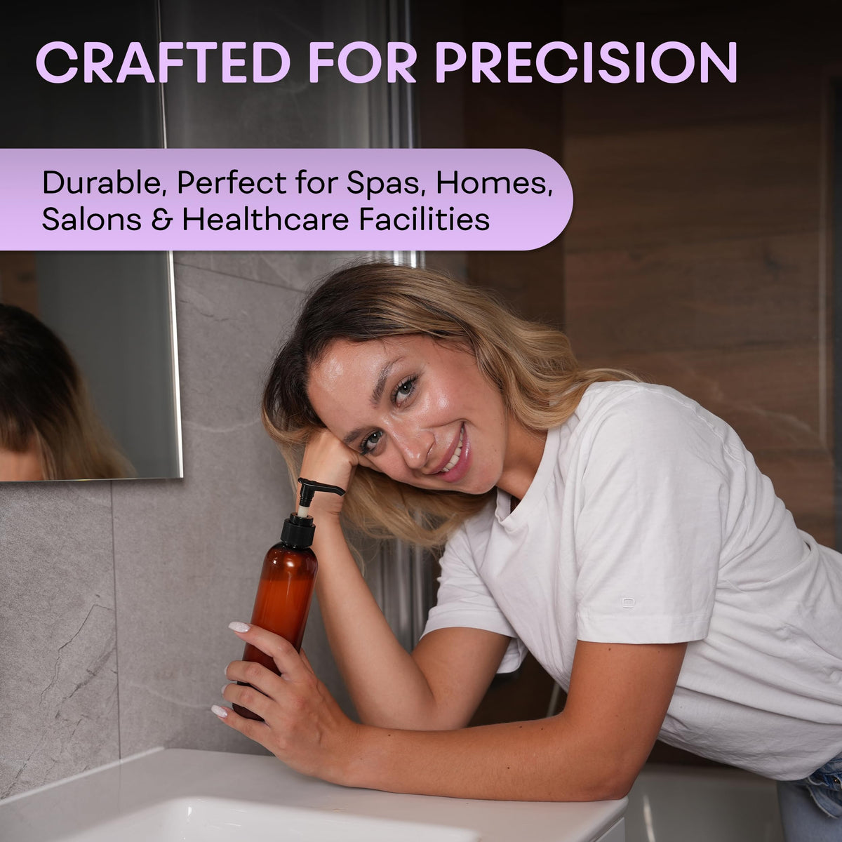 BRIGHTFROM bottles arranged on a bathroom counter showing stylish, space-saving storage