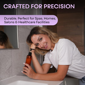 BRIGHTFROM bottles arranged on a bathroom counter showing stylish, space-saving storage