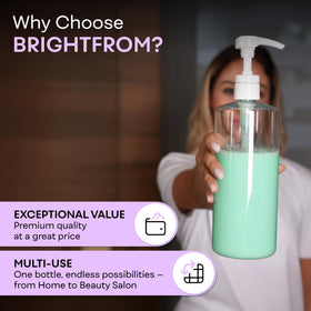 BRIGHTFROM bottles staged in shower shelf demonstrating neat, refillable bathroom storage benefit