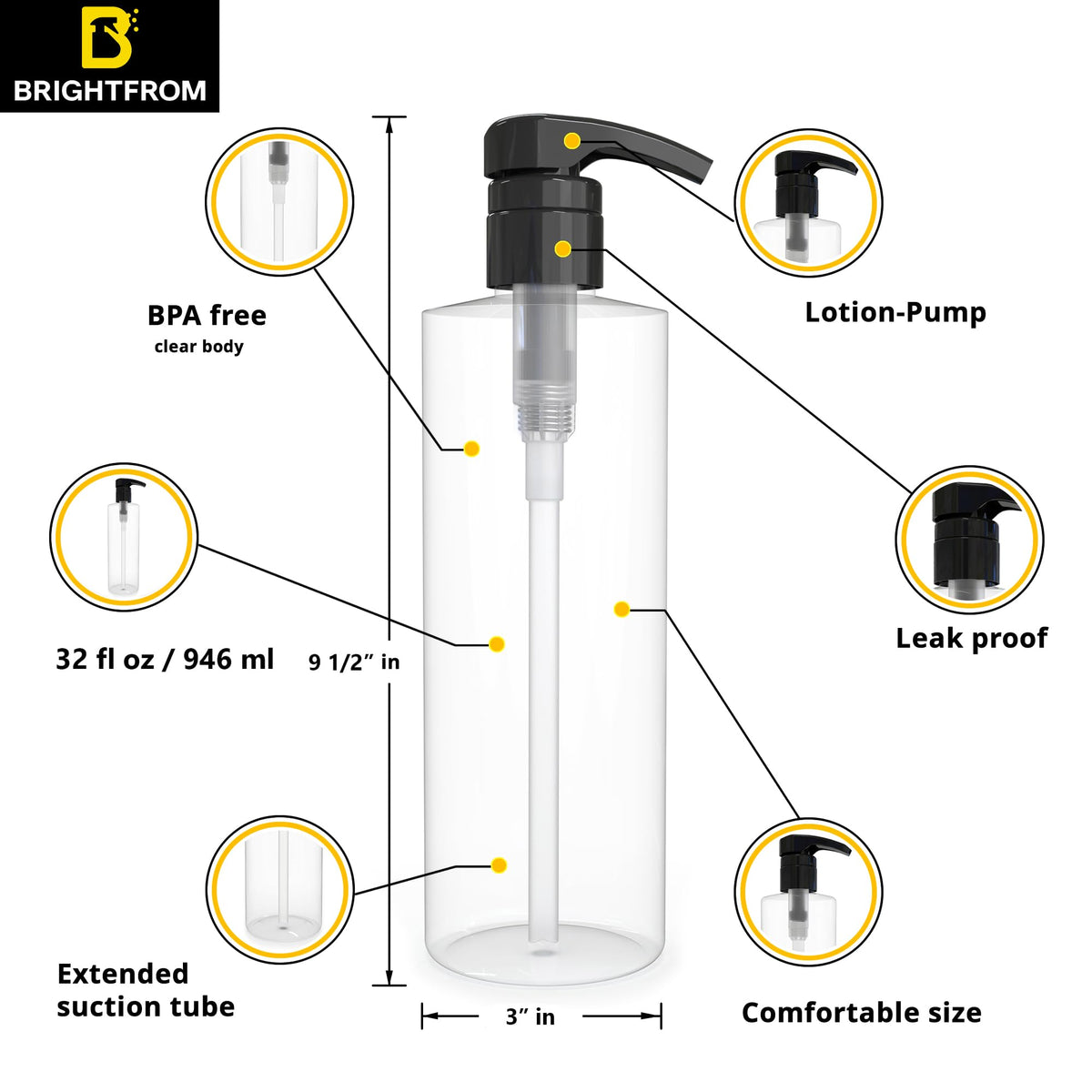 BRIGHTFROM close-up of lock-down pump highlighting leak-proof dispensing and durable mechanism