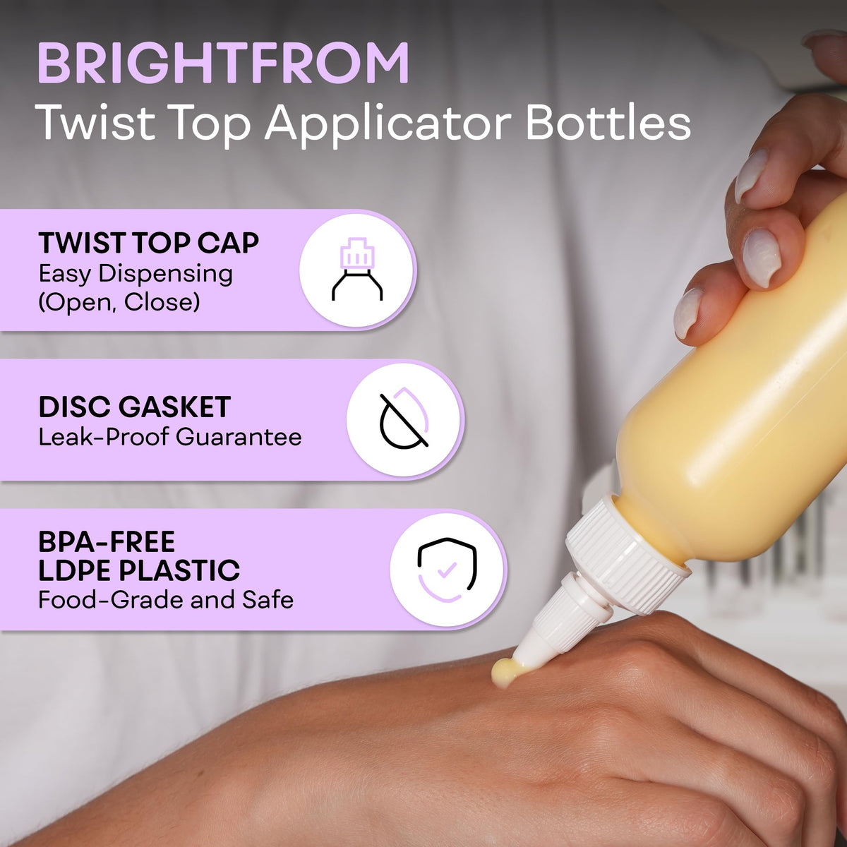 BRIGHTFROM close-up of twist cap and nozzle, demonstrates leak protection