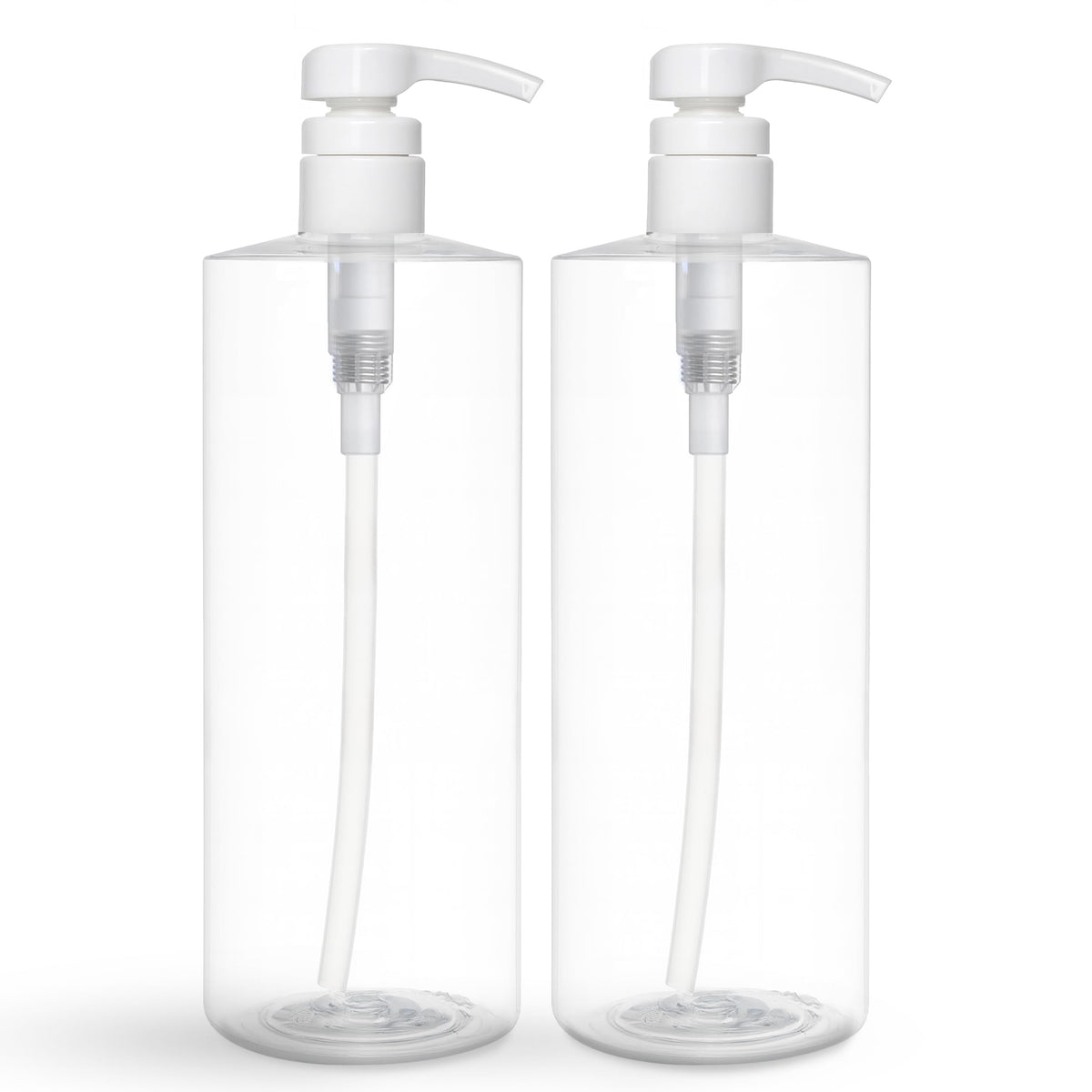 BRIGHTFROM front view of two 32oz pump bottles showing clear bodies and pumps, organized