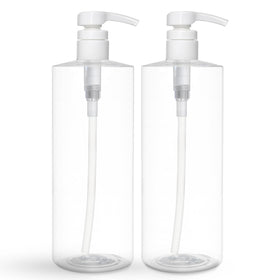 BRIGHTFROM front view of two 32oz pump bottles showing clear bodies and pumps, organized