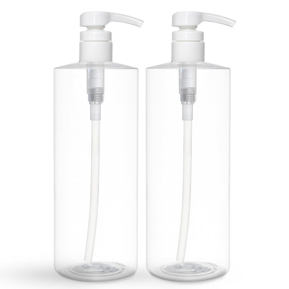 BRIGHTFROM front view of two 32oz pump bottles showing clear bodies and pumps, organized