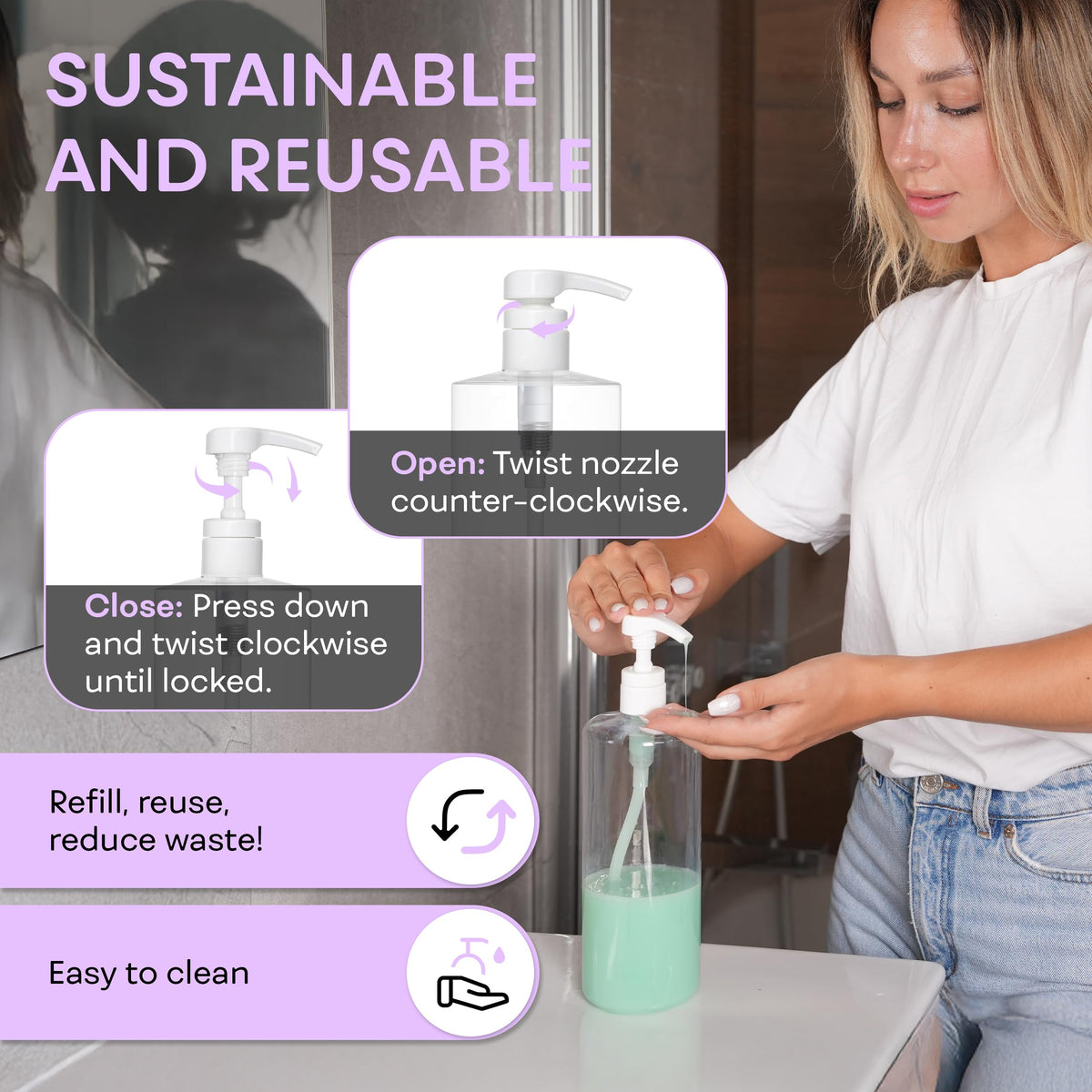 BRIGHTFROM dispensing shampoo into palm illustrating smooth pump action and controlled dosing