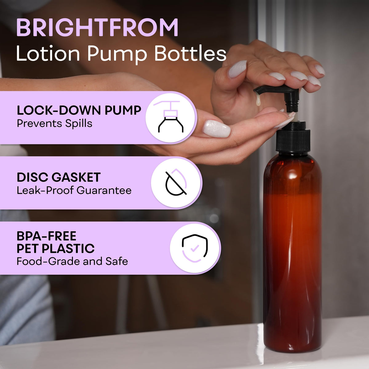 BRIGHTFROM close-up of black pump head and locking mechanism — leak-prevention benefit
