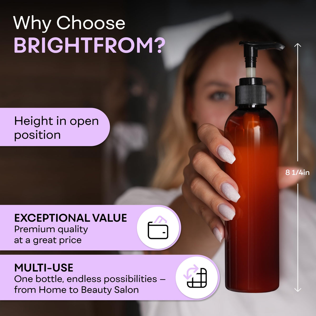 BRIGHTFROM bottle beside ruler showing 8 oz size for travel-friendly convenience