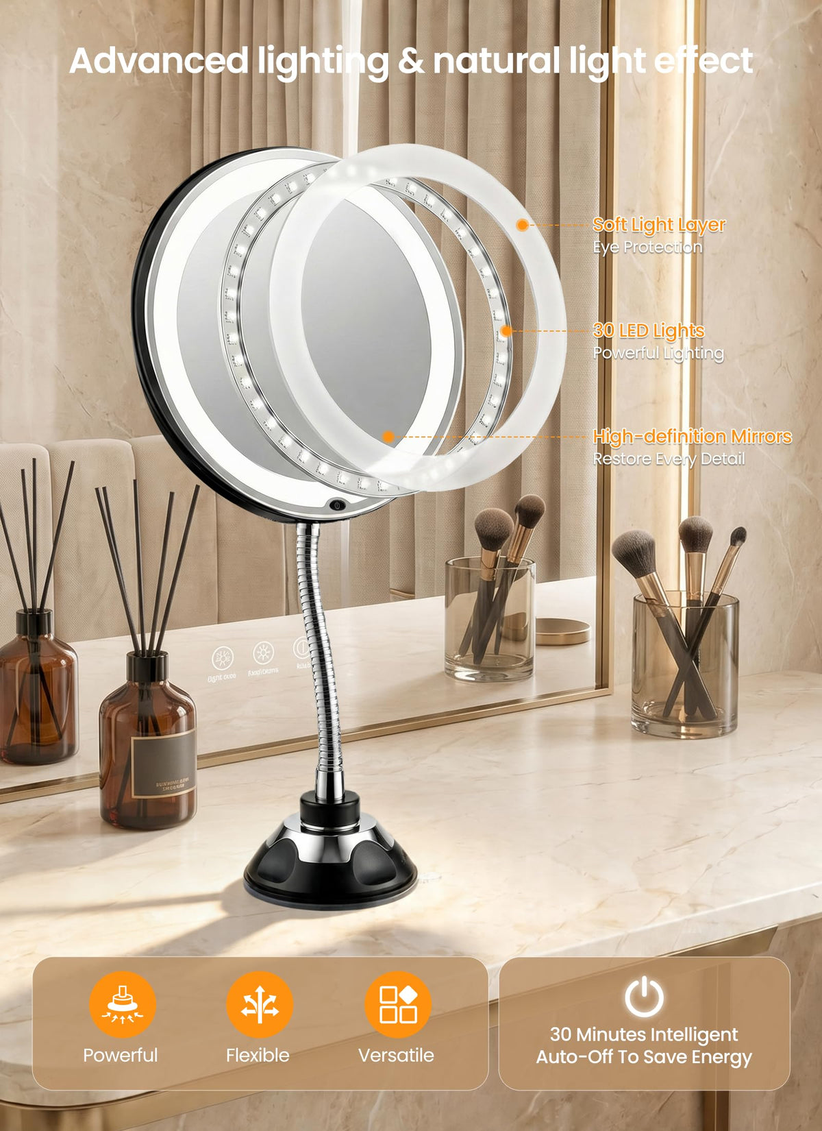 Brightown mirror in use for eye makeup demonstrating precise application