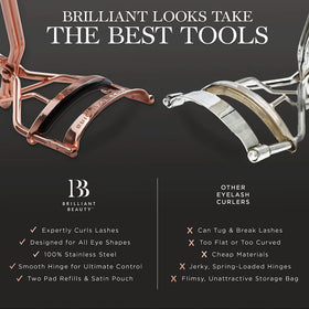 Brilliant Beauty curler next to mascara tube for compact size and portability benefit