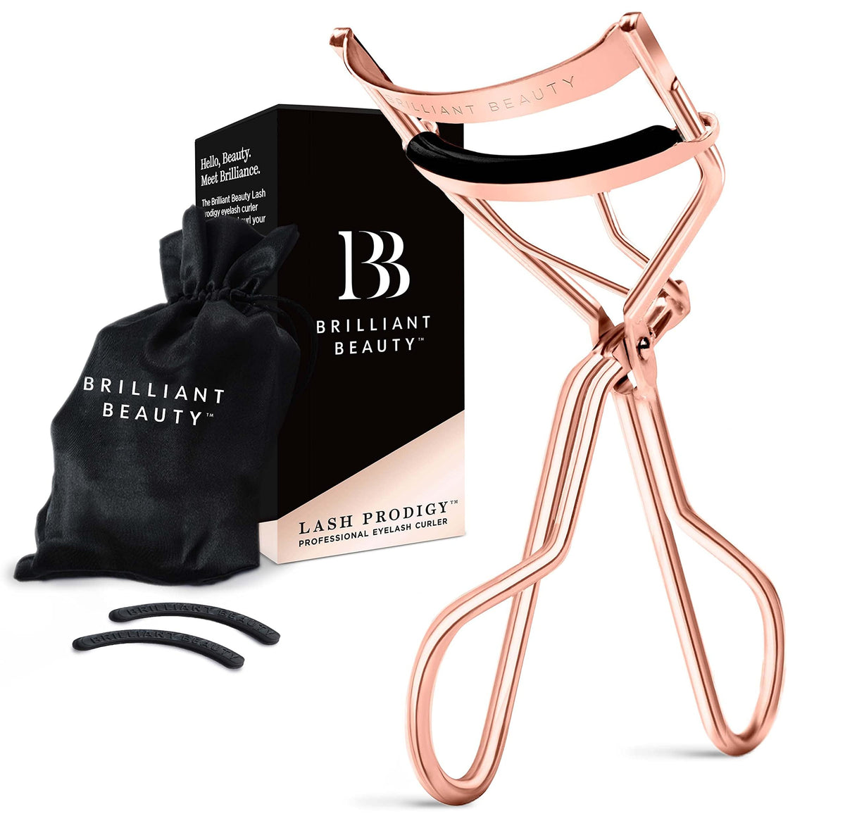Brilliant Beauty curler front view shows rose gold finish and elegant design benefits