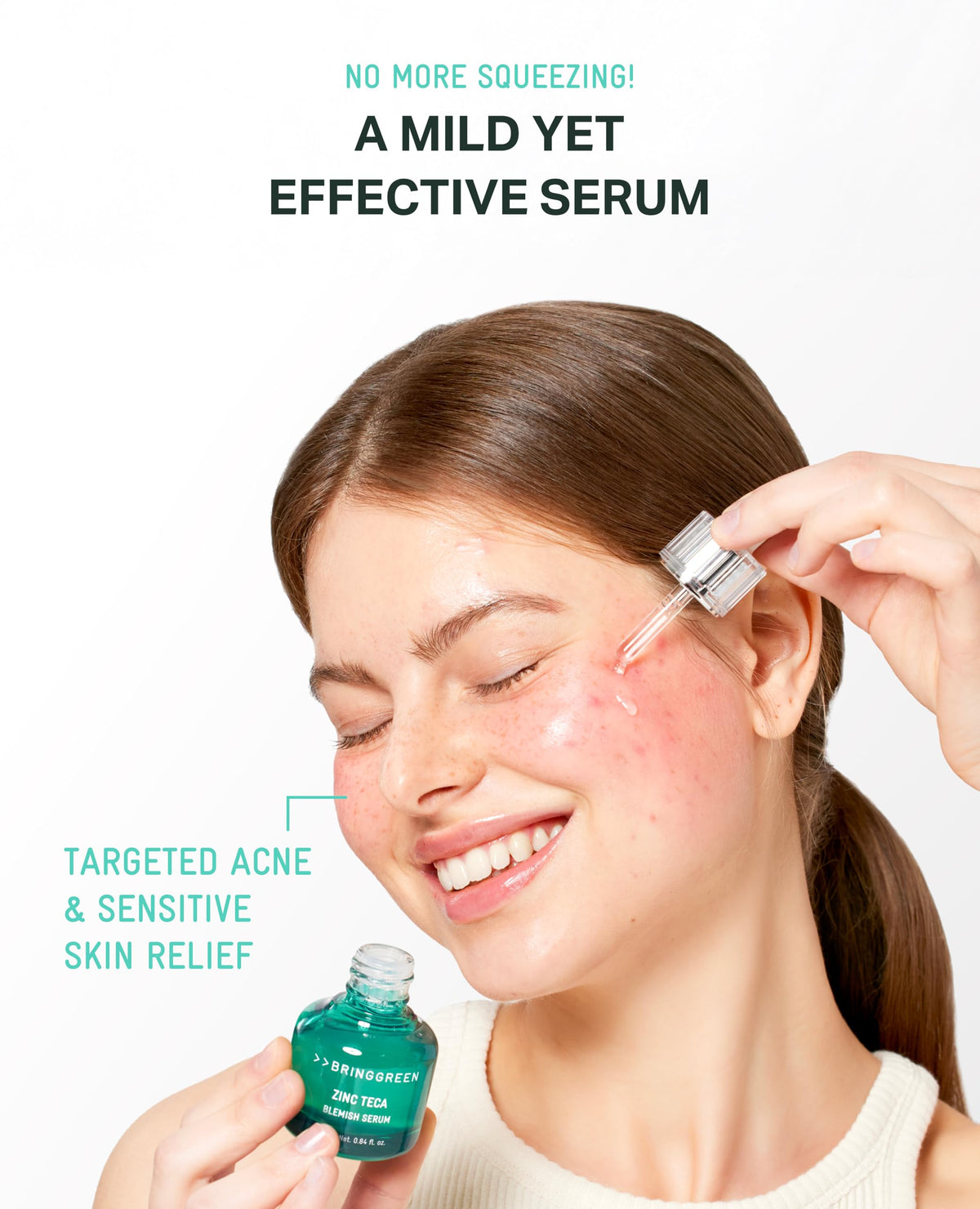 BRING GREEN serum texture on finger illustrating firm, non-greasy spreadability and hydration