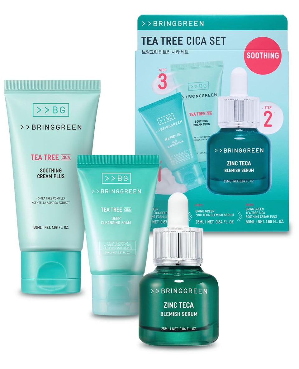 BRING GREEN front packaging of Tea Tree Cica Set shows full acne-care kit and benefits