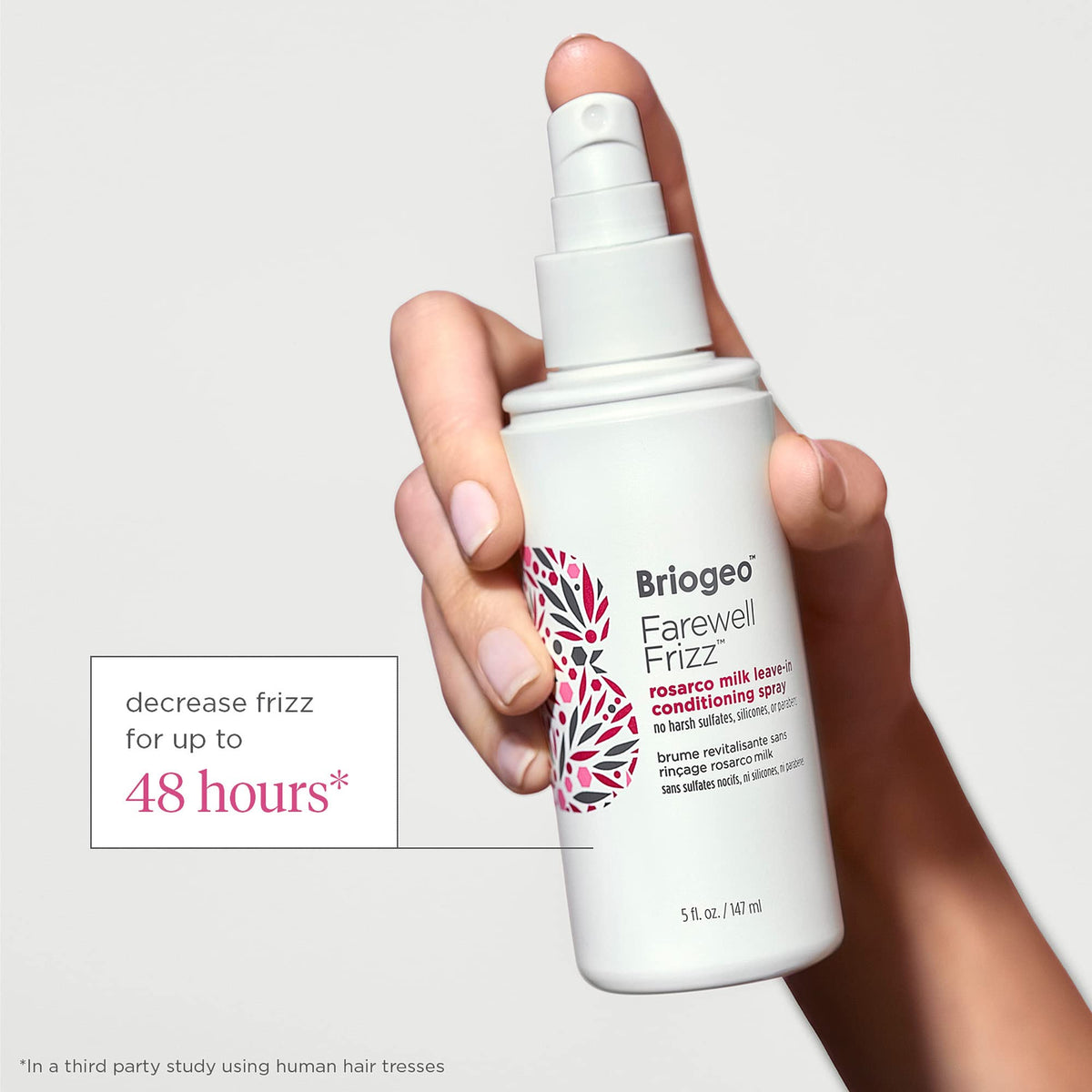 Briogeo bottle close-up label highlighting clean, vegan formula benefit