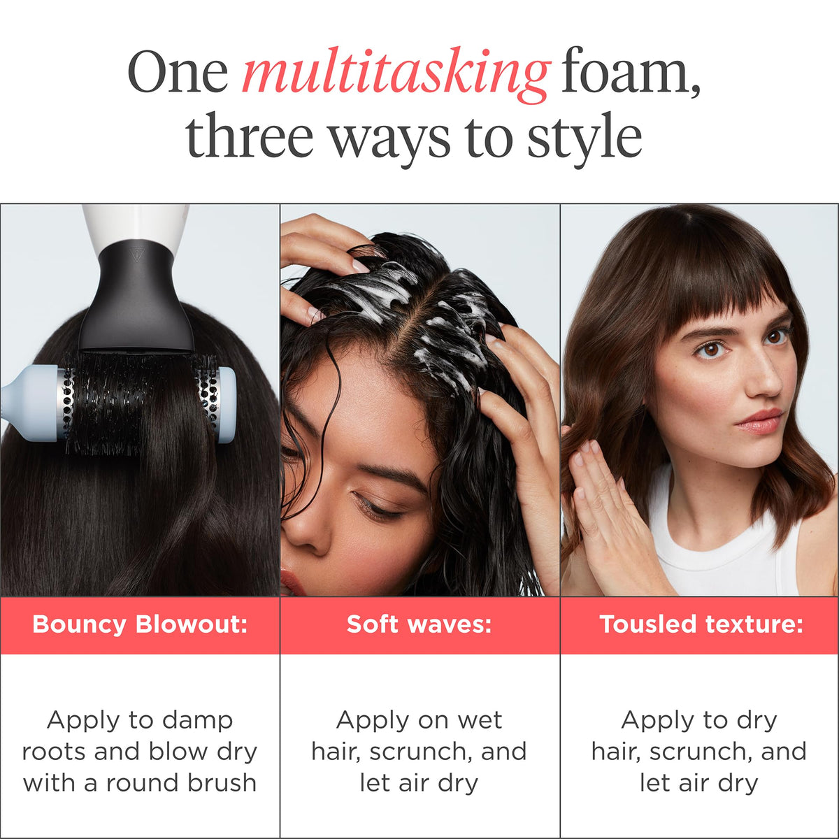 Model using Briogeo foam while blow-drying to create long-lasting root lift and smoothness