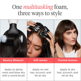 Model using Briogeo foam while blow-drying to create long-lasting root lift and smoothness