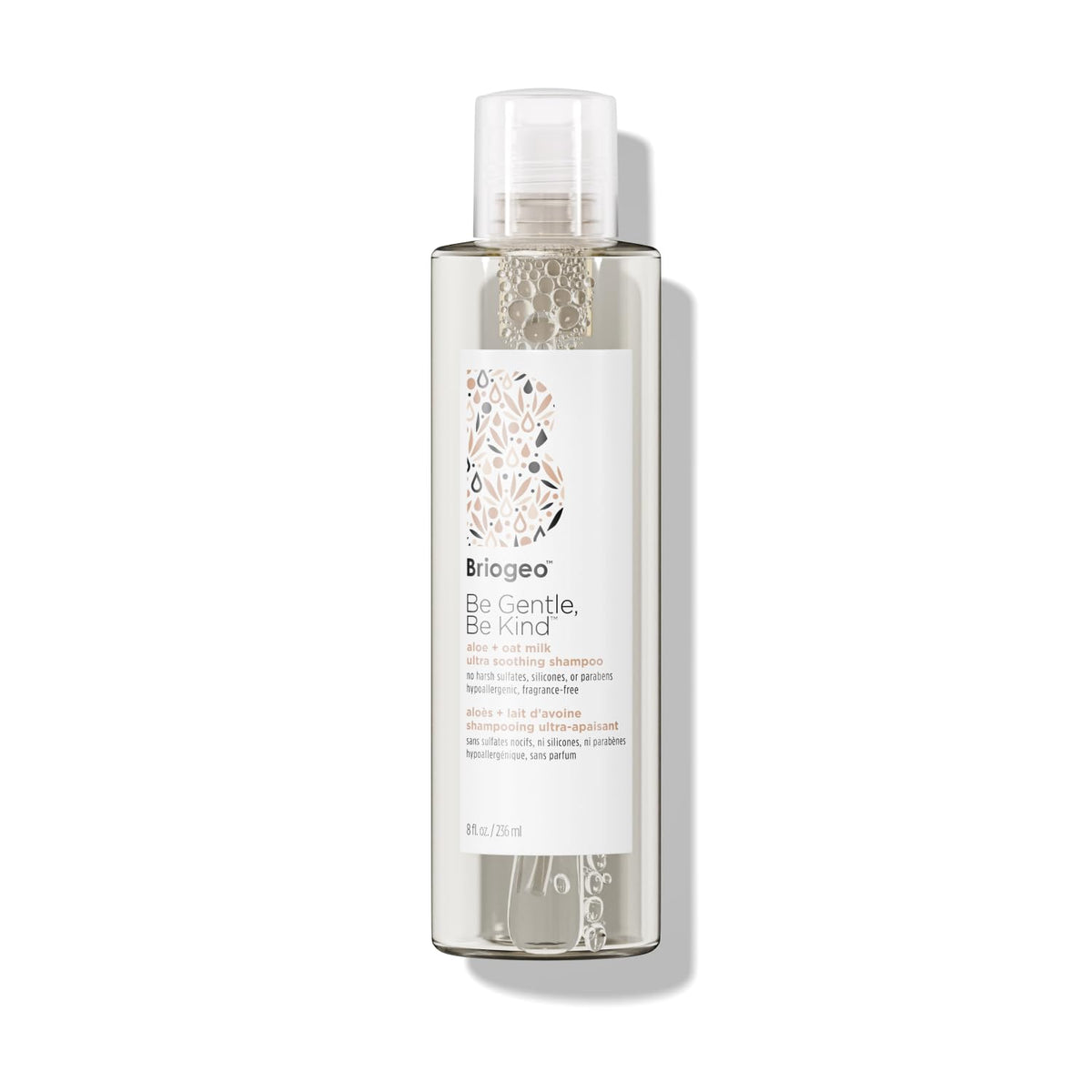 Briogeo bottle front label showing aloe and oat milk, clear benefit: gentle cleansing