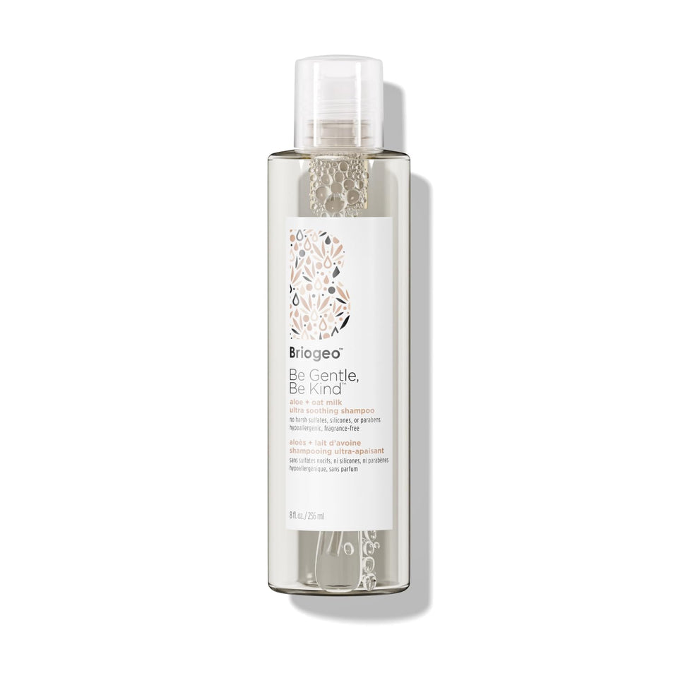 Briogeo bottle front label showing aloe and oat milk, clear benefit: gentle cleansing